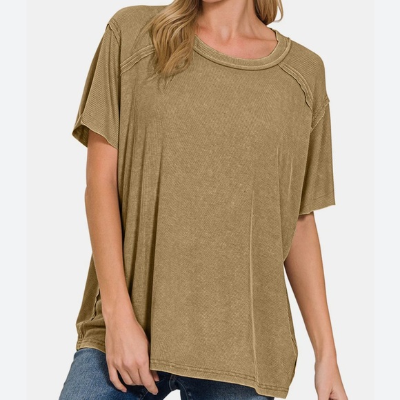 Zenana acid Washed Ribbed Short Sleeve Top Medium  Distressed New Boutique - Picture 3 of 12